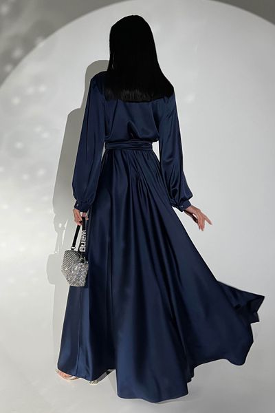 Неперевершена вечірня сукня максі на запах з ніжного шовку армані темно-синій jf- Шик фото