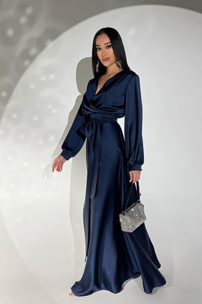 Неперевершена вечірня сукня максі на запах з ніжного шовку армані темно-синій jf- Шик фото