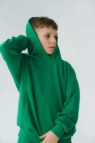 Спортивный детский костюм худи с капюшоном + джогеры оверсайз трехнить демисезонный Зеленый tevi-1530 фото