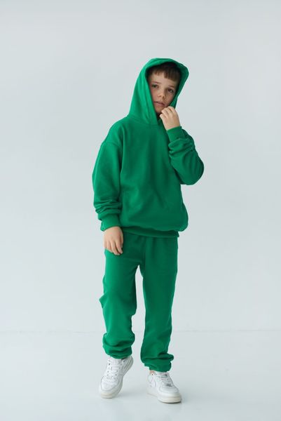 Спортивний дитячий костюм худі з капюшоном + джогери оверсайз трьохнитка демісезонний Зелений tevi-1530 фото
