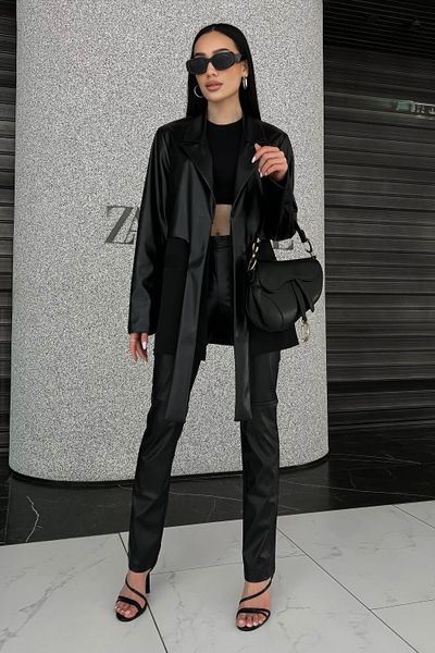 Жіночі штани з екошкіри, із завищеною талією, чорні jf- локсі фото