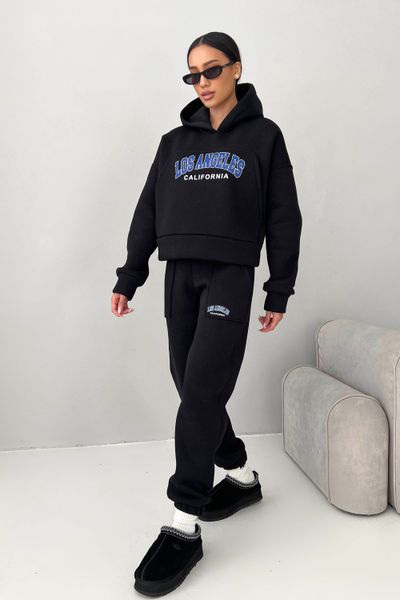 Женский теплый спортивный прогулочный костюм оверсайз на флисе с капюшоном черный jf-каліфорнія фото