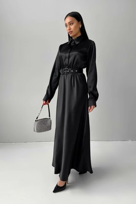 Вечернее платье макси с поясом из атласа черного цвета jf-юнона фото