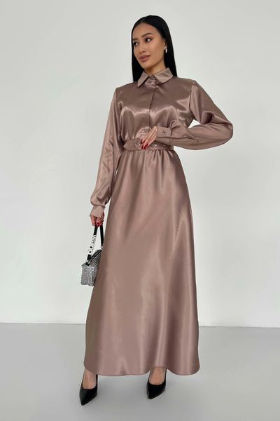Вечернее платье макси с поясом из атласа цвета мокко jf-юнона фото