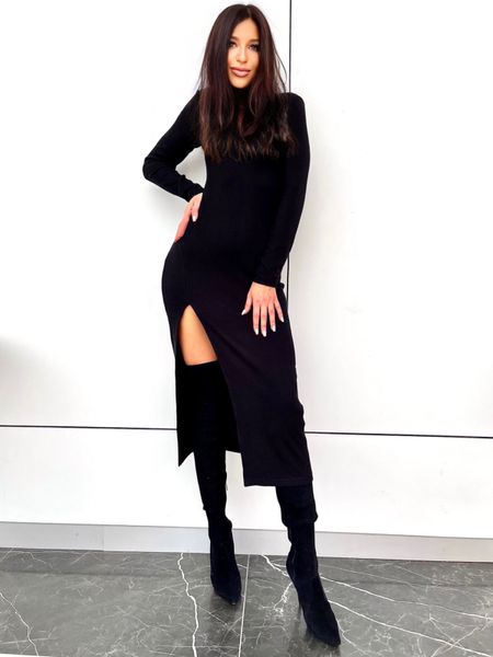 Жіноче довге облягаюче трикотажне плаття міді з розрізом Саяна чорний jf-Саяна фото