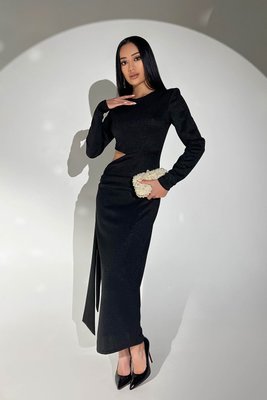 Вечернее платье макси с высоким фигурным вырезом сбоку черный jf- Авелін фото