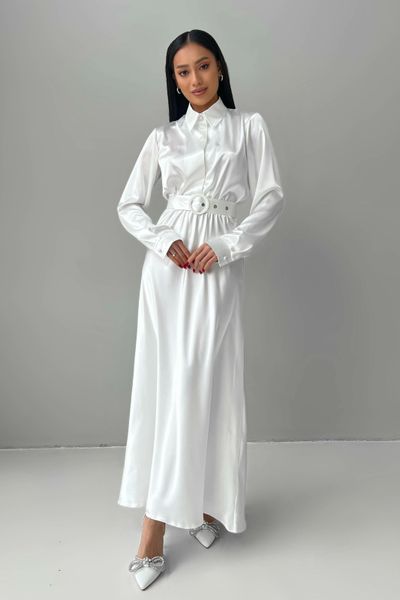 Вечернее платье макси с поясом из атласа белого цвета jf-юнона фото