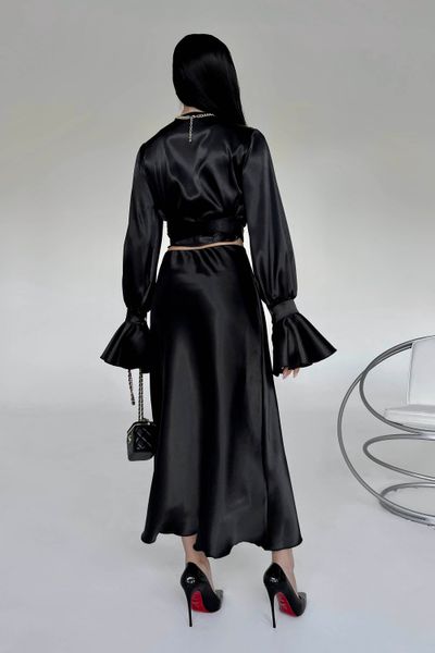 Нарядный женский костюм Блуза+Юбка из атласа чорного кольору jf-ліліан фото