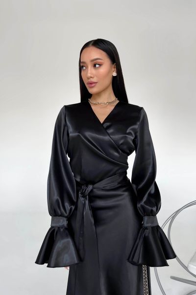 Нарядний жіночий костюм Блуза+Спідниця з атласу черного цвета jf-ліліан фото