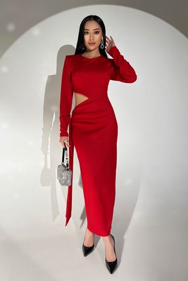 Вечернее платье макси с высоким фигурным вырезом сбоку красный jf- Авелін фото