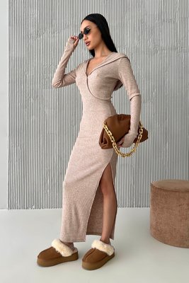 Стильное теплое миди платье с капюшоном ангора цвет бежевый jf-жозе фото