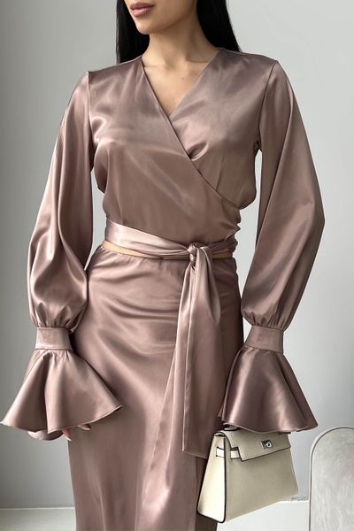 Нарядний жіночий костюм Блуза+Спідниця з атласу цвета мокко jf-ліліан фото