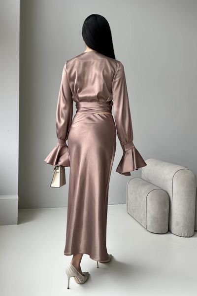 Нарядний жіночий костюм Блуза+Спідниця з атласу цвета мокко jf-ліліан фото