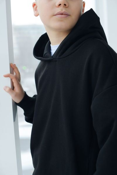 Спортивный детский костюм худи с капюшоном + джогеры оверсайз трехнить демисезонный Черный tevi-1530 фото