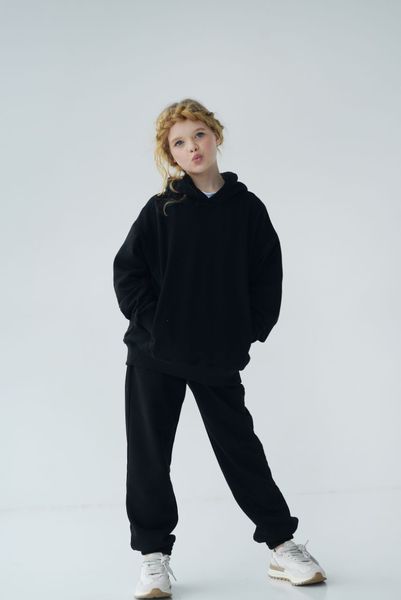 Спортивный детский костюм худи с капюшоном + джогеры оверсайз трехнить демисезонный Черный tevi-1530 фото